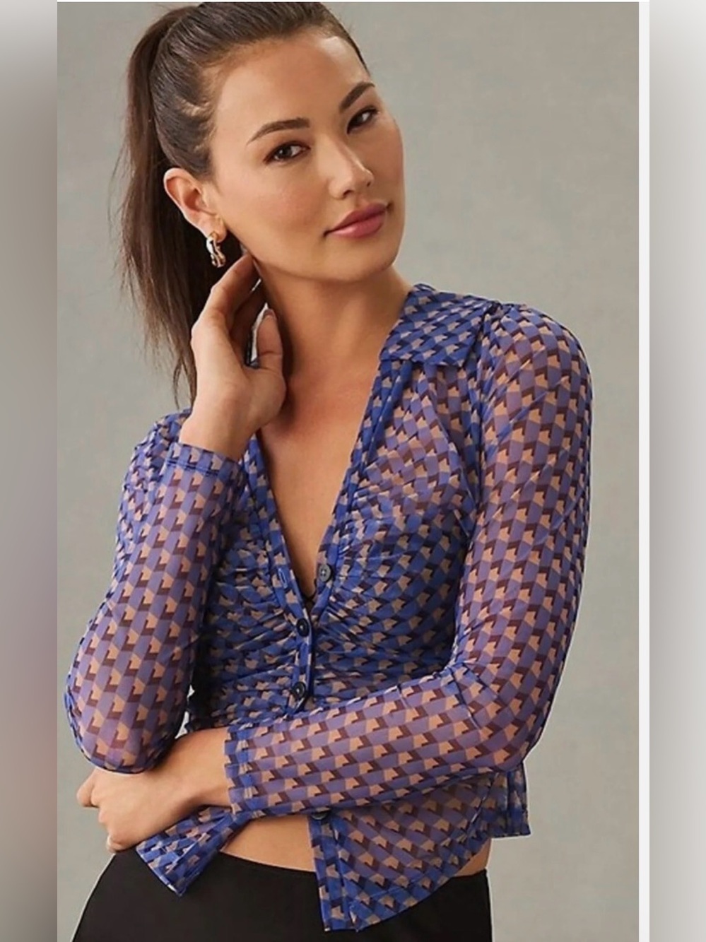 Maeve Anthropologie Blue Print Sheer Ruched Geometric Button Medium - C27-010